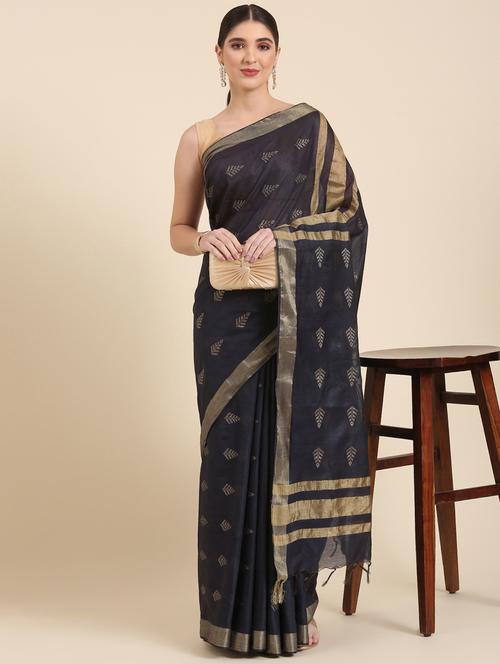 women's self design navy blue colored saree with blouse - 20406135 - Very Small Image - 1
