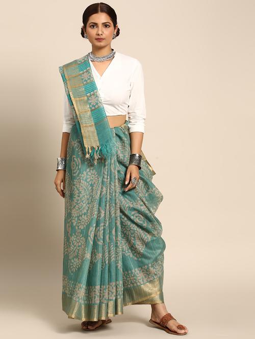 women's printed turquoise colored saree with blouse - 20406168 - Very Small Image - 1