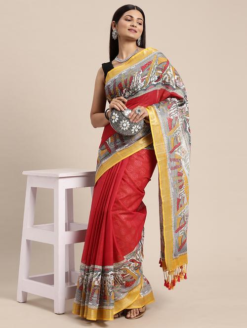 women's madhubani red colored saree with blouse - 20406217 - Very Small Image - 1