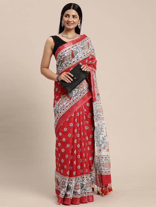 women's floral red colored saree with blouse - 20406225 - Very Small Image - 1