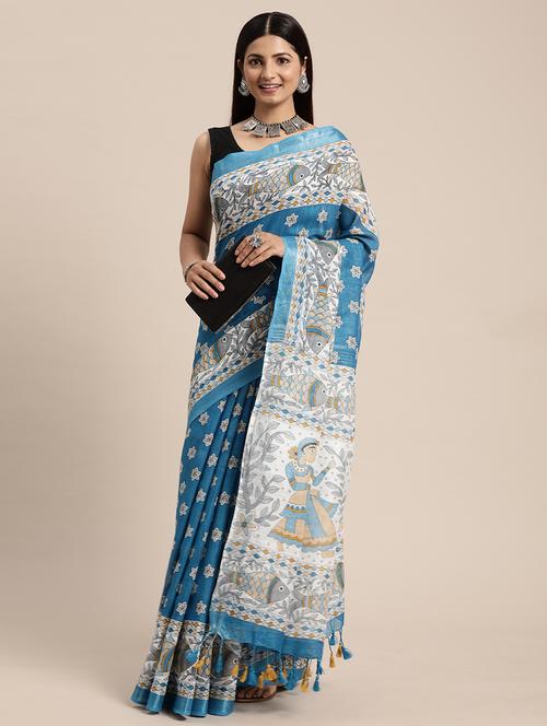 women's printed blue colored saree with blouse - 20406227 - Very Small Image - 1