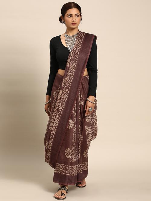 women's block print brown colored saree with blouse - 20406239 - Very Small Image - 1