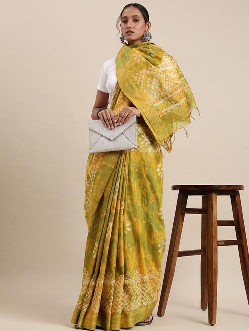 yellow & green printed saree with blouse - 20406242 - Very Small Image - 1