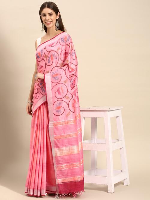 women's floral pink colored saree with blouse - 20406281 - Very Small Image - 1