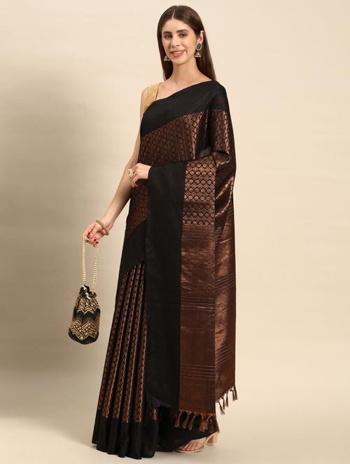 women's self design black colored saree with blouse - 20406285 - Very Small Image - 1
