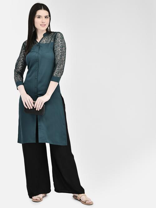 women teal solid mandarin neck straight kurta - 20406907 - Very Small Image - 1