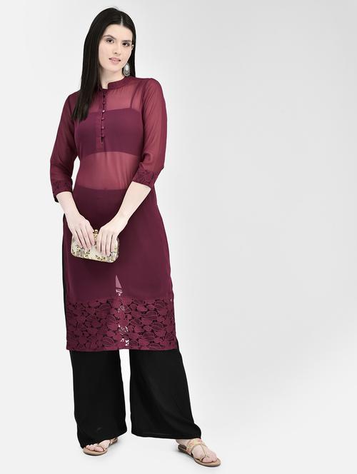 women purple mandarin neck straight kurta - 20406917 - Very Small Image - 1