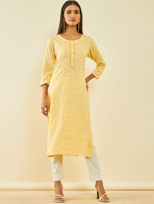 yellow floral print straight kurta - 20407004 - Very Small Image - 1