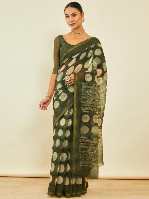 women's printed olive colored saree with blouse - 20407185 - Very Small Image - 1