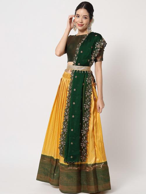 yellow & green semi- stitched flared lehenga - 20407243 - Very Small Image - 1
