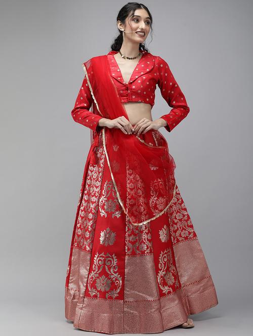 red semi- stitched flared lehenga - 20407297 - Very Small Image - 1