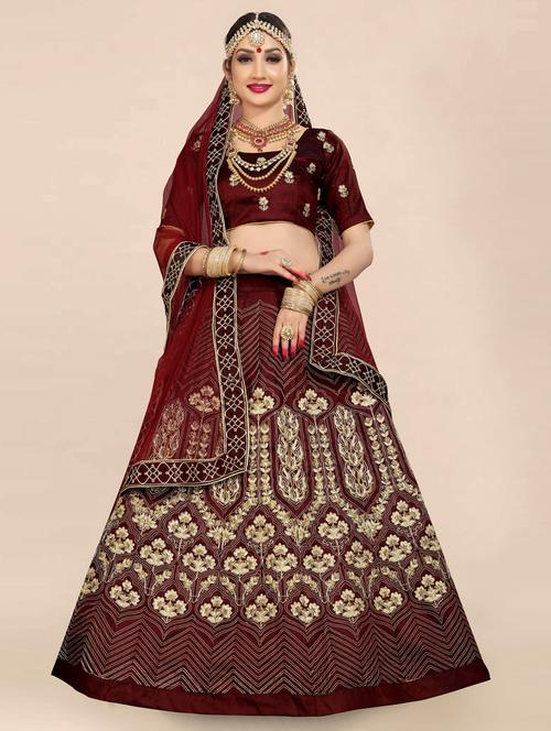 maroon semi- stitched flared lehenga - 20407337 - Very Small Image - 1