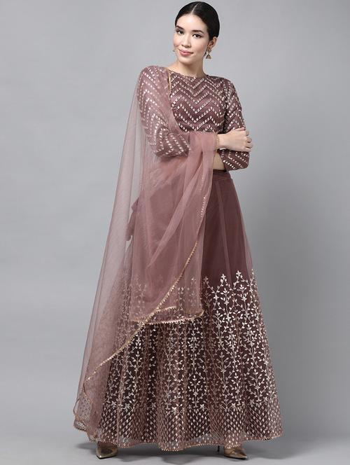 brown semi- stitched flared lehenga - 20407370 - Very Small Image - 1