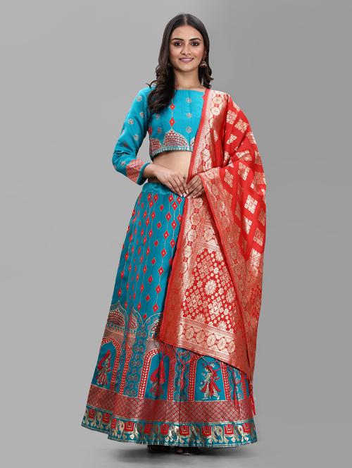 blue semi-stitched flared lehenga - 20407379 - Very Small Image - 1