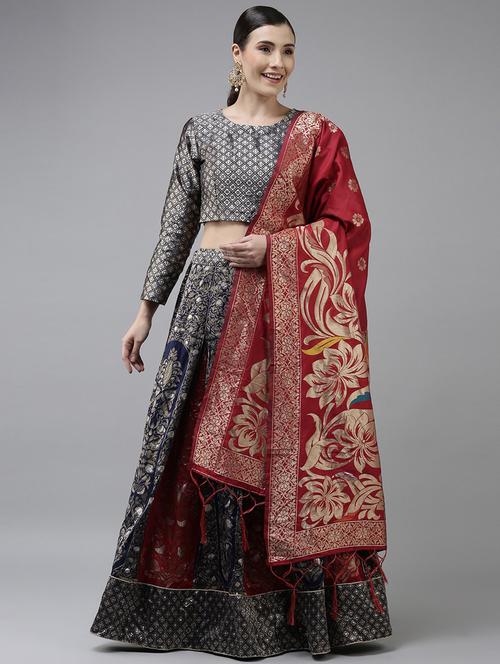 navy blue & maroon semi-stitched flared lehenga - 20407383 - Very Small Image - 1