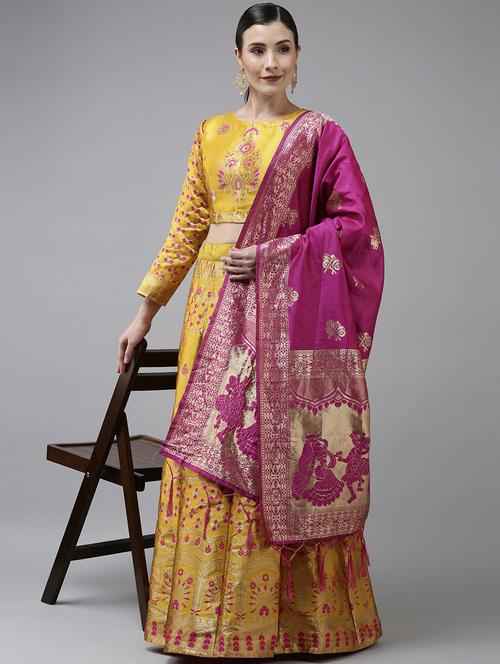 yellow semi-stitched flared lehenga - 20407389 - Very Small Image - 1