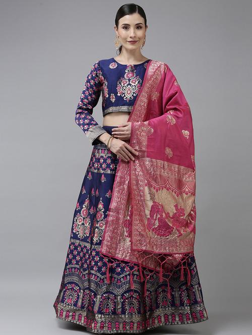 navy blue semi-stitched flared lehenga - 20407390 - Very Small Image - 1