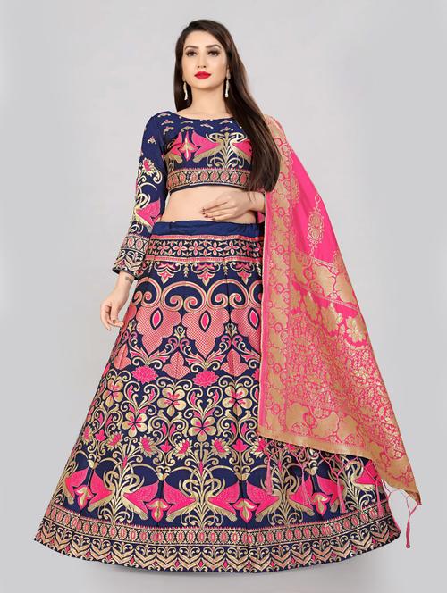 navy blue semi-stitched flared lehenga - 20407392 - Very Small Image - 1