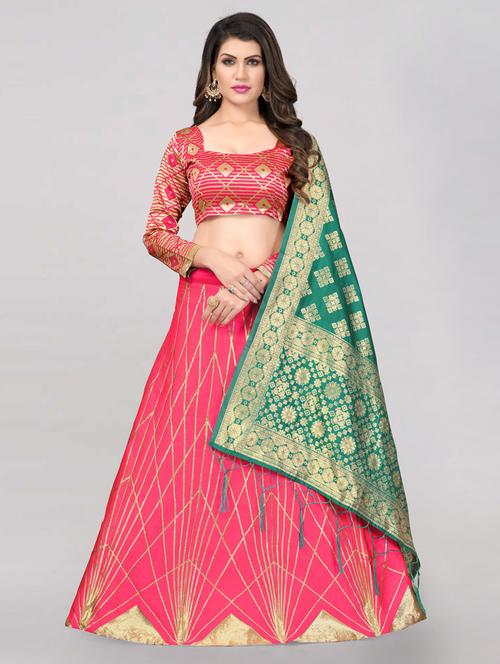 pink semi-stitched flared lehenga - 20407398 - Very Small Image - 1