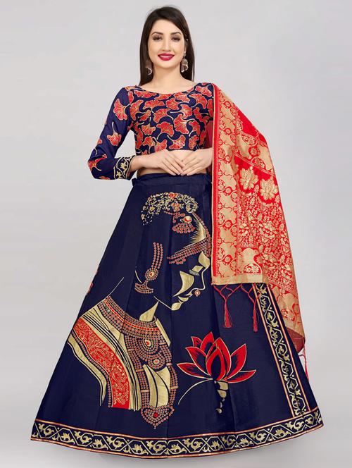 navy blue semi-stitched flared lehenga - 20407402 - Very Small Image - 1
