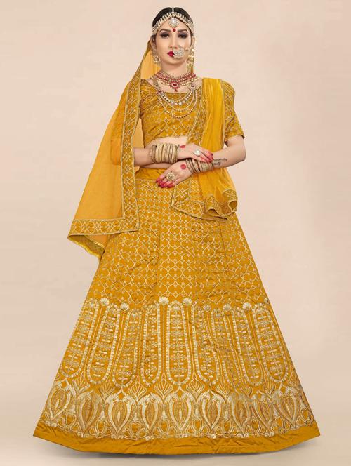 yellow semi-stitched flared lehenga - 20407417 - Very Small Image - 1