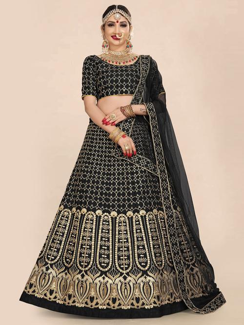 black semi-stitched flared lehenga - 20407419 - Very Small Image - 1