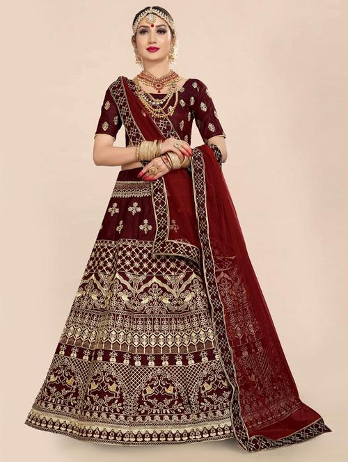 maroon semi-stitched flared lehenga - 20407430 - Very Small Image - 1