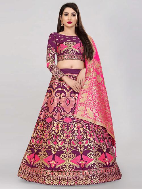 purple semi-stitched flared lehenga - 20407446 - Very Small Image - 1