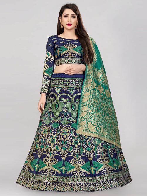 navy blue semi-stitched flared lehenga - 20407449 - Very Small Image - 1