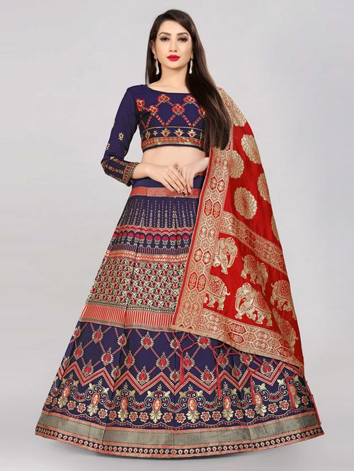 navy blue semi-stitched flared lehenga - 20407458 - Very Small Image - 1