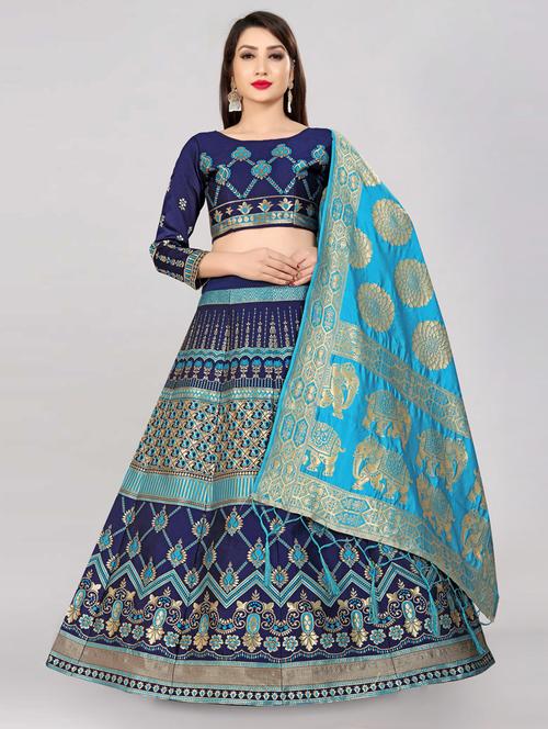 navy blue semi-stitched flared lehenga - 20407461 - Very Small Image - 1
