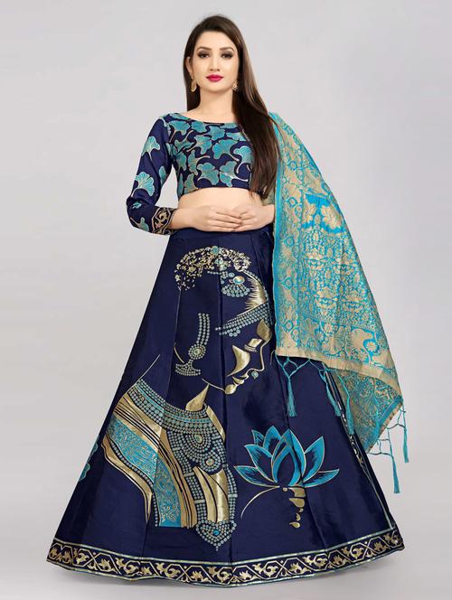 navy blue semi-stitched flared lehenga - 20407465 - Very Small Image - 1