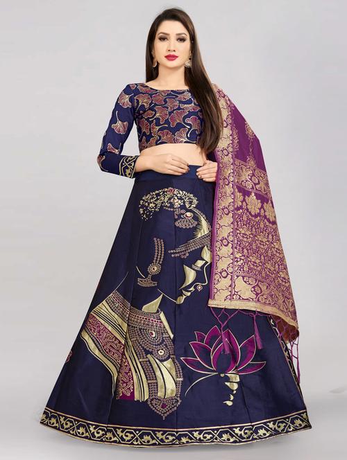 navy blue semi-stitched flared lehenga - 20407468 - Very Small Image - 1