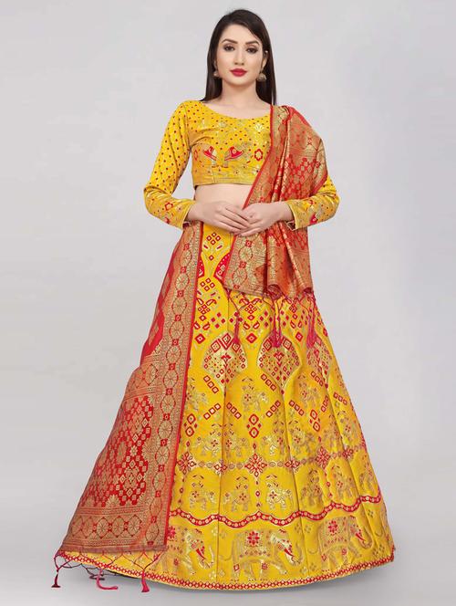 yellow semi stitched flared lehenga - 20407492 - Very Small Image - 1