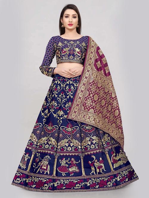 navy blue flared semi-stitched lehenga - 20407494 - Very Small Image - 1