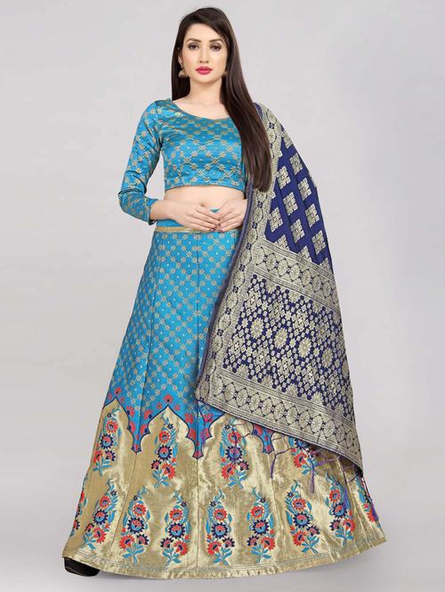 blue flared semi-stitched lehenga - 20407499 - Very Small Image - 1