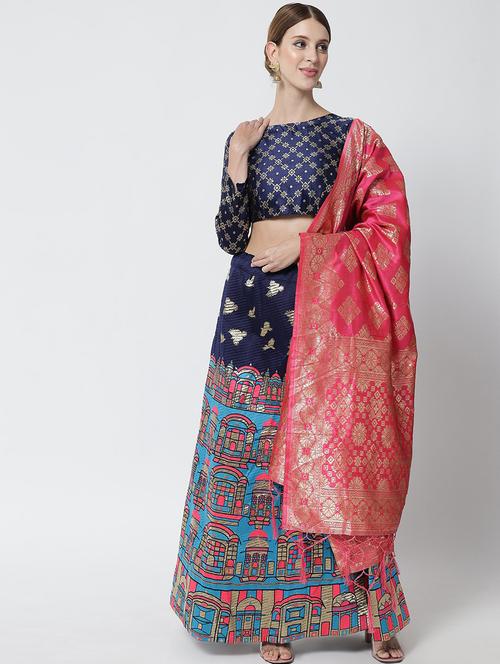women blue semi-stitched banarasi lehenga choli - 20407502 - Very Small Image - 1
