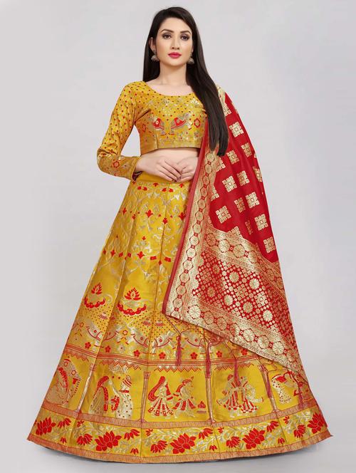 yellow semi-stitched flared lehenga - 20407508 - Very Small Image - 1