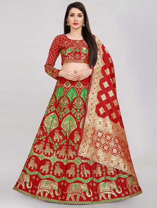 red semi-stitched flared lehenga - 20407509 - Very Small Image - 1