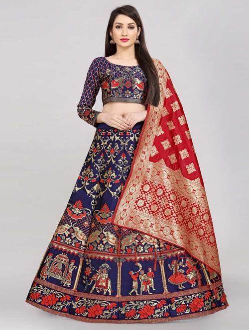 navy blue semi-stitched flared lehenga - 20407513 - Very Small Image - 1