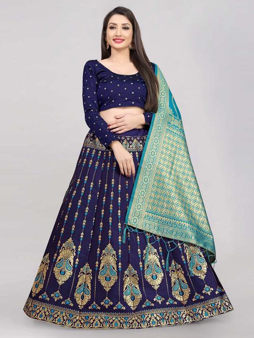 navy blue semi stitched flared lehenga - 20407532 - Very Small Image - 1