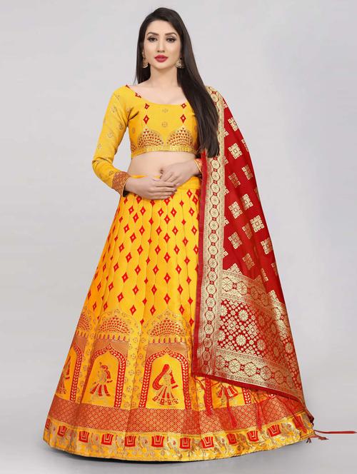 yellow semi-stitched flared lehenga - 20407537 - Very Small Image - 1