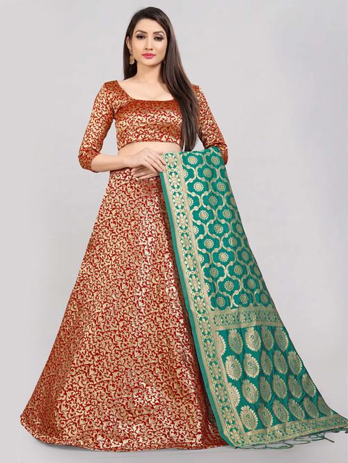 maroon semi-stitched flared lehenga - 20407541 - Very Small Image - 1