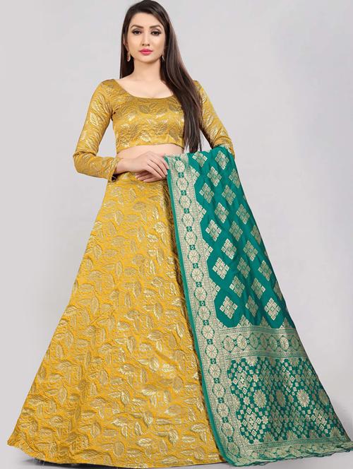 yellow semi-stitched flared lehenga - 20407545 - Very Small Image - 1