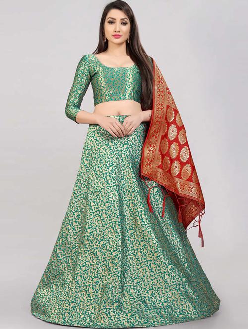 green semi stitched flared lehenga - 20407546 - Very Small Image - 1