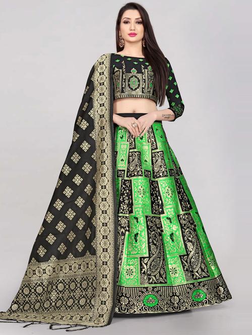 black & green semi stitched flared lehenga - 20407653 - Very Small Image - 1