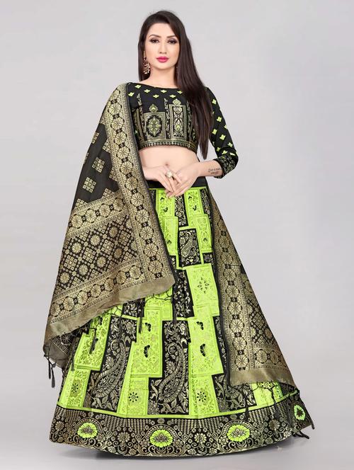 black & green semi stitched flared lehenga - 20407655 - Very Small Image - 1