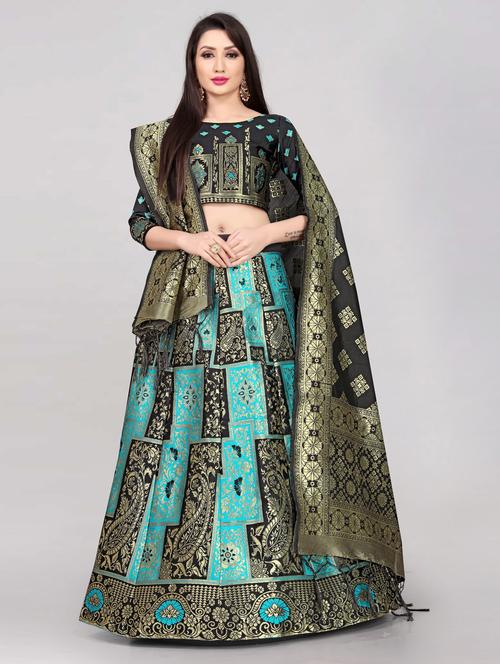 black & light blue semi stitched flared lehenga - 20407657 - Very Small Image - 1