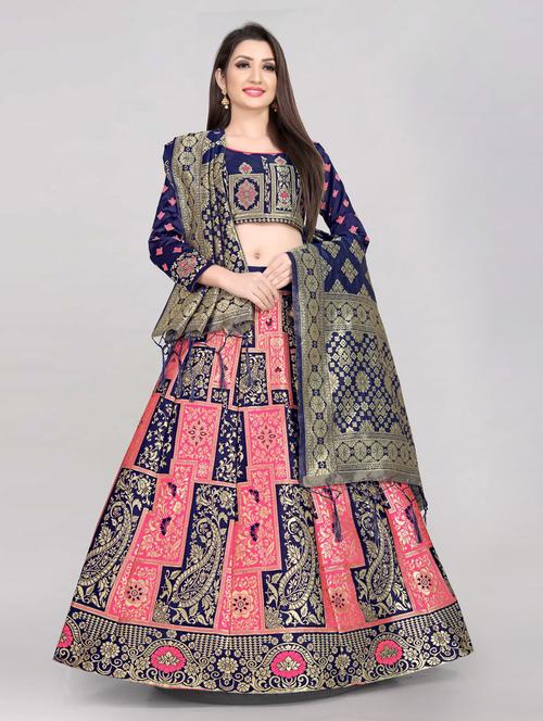 navy blue & pink semi stitched flared lehenga - 20407668 - Very Small Image - 1