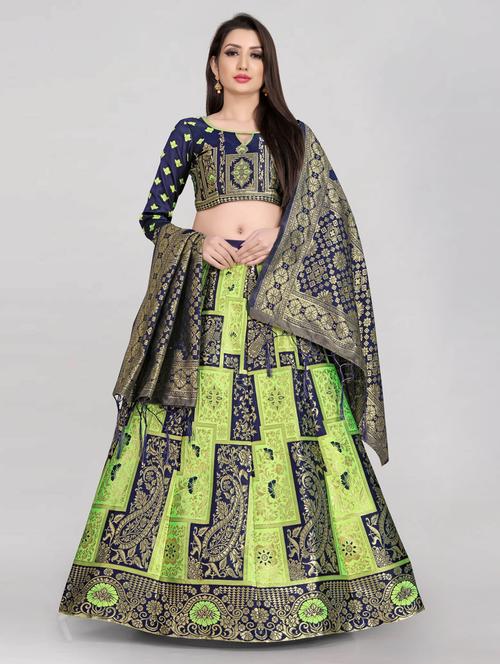 navy blue & green semi stitched flared lehenga - 20407670 - Very Small Image - 1